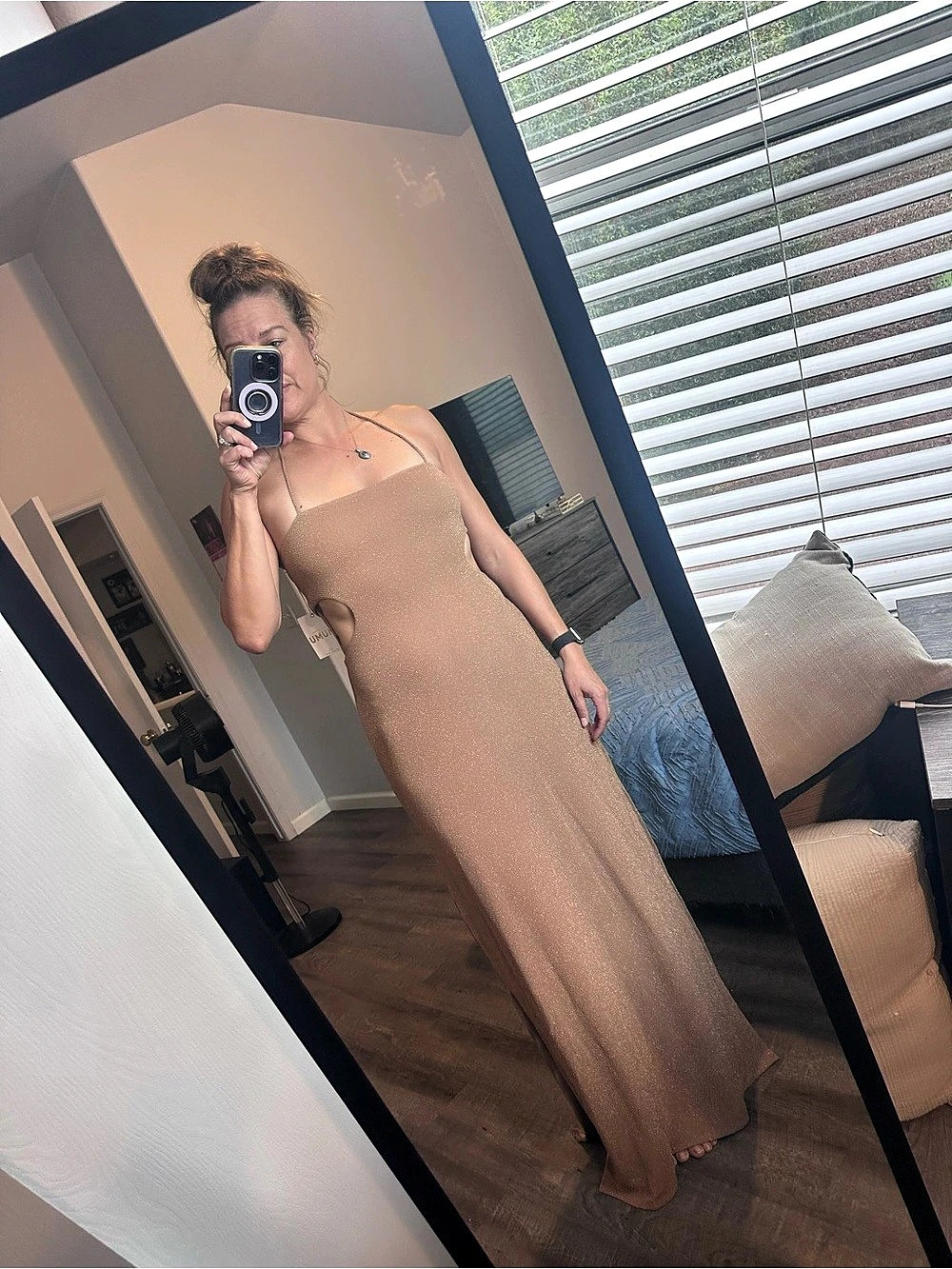 MUMU Glitter Cutout Maxi Dress in Brown Size Medium NWT